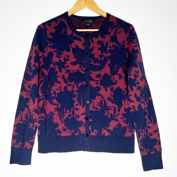 ANN TAYLOR Navy & Maroon Floral Button-Up Cardigan Sweater Womens L NWOT - Picture 1 of 5